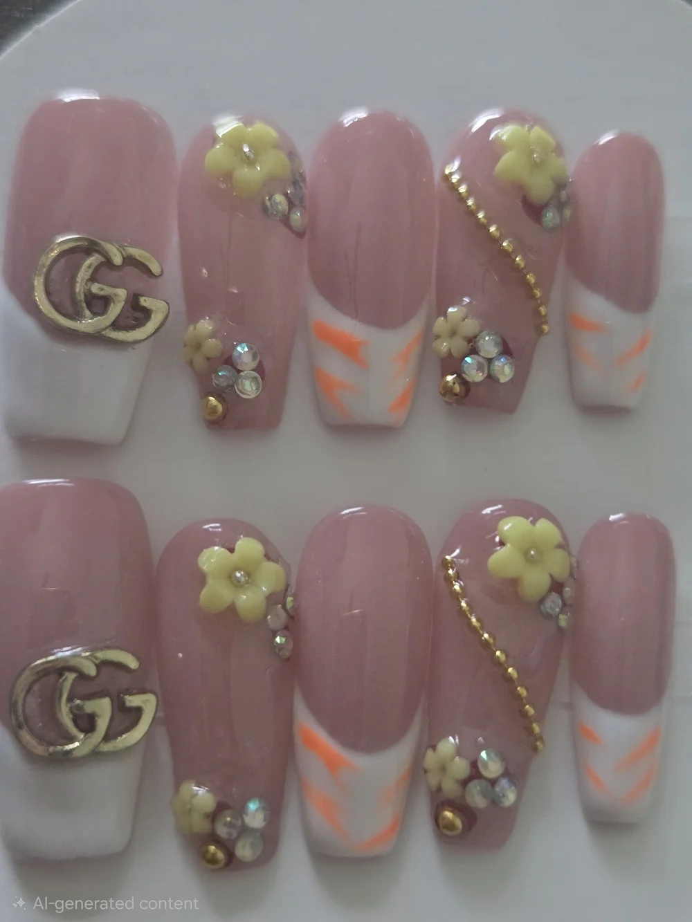 Hand Crafted Pink Floral Press-On Nails with Gold Accents